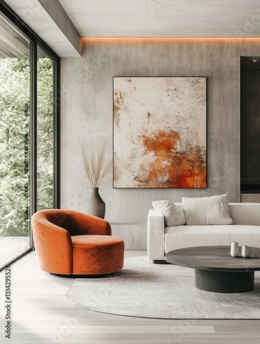 A modern living room with large windows, a stylish orange armchair, and an abstract art piece on the wall.