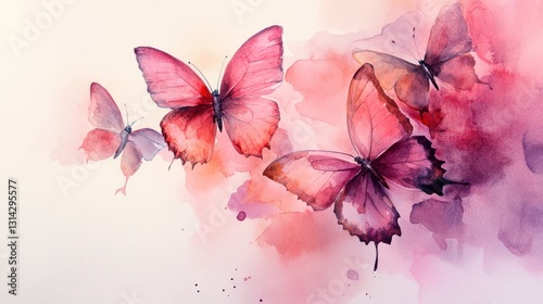 Pink butterflies in watercolor, delicate and isolated