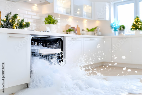 Overflowing dishwasher spills sudsy water onto the clean, white kitchen floor