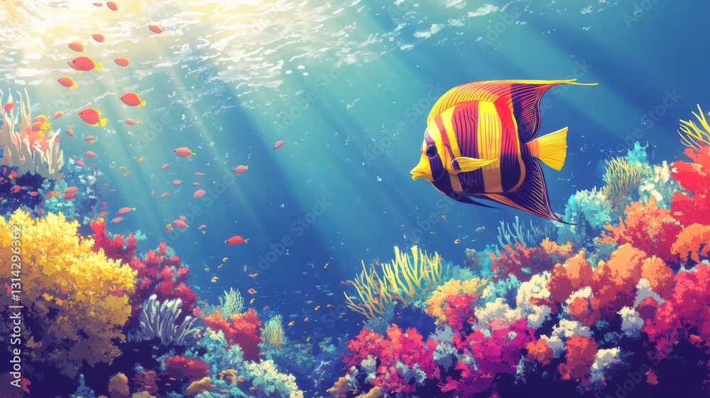 Obraz premium Vibrant coral reef with colorful fish swimming in sunlight