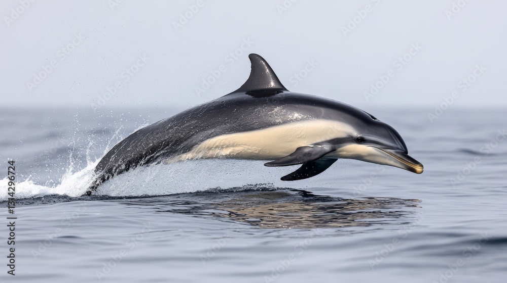 Obraz premium A dolphin leaps joyfully from the sparkling ocean, embodying freedom, playfulness, and the boundless energy of marine life.