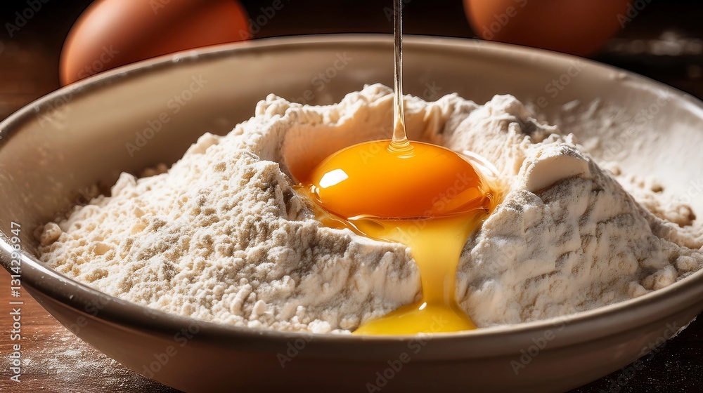 Dough Preparation: Captivating close-up of a fresh egg cracking into a bowl of flour, embodying the culinary art, captured in a soft focus ambiance. Dough Preparation: Captivating close-up of a fresh egg cracking into a bowl of flour, embodying the culinary art, captured in a soft focus ambiance.