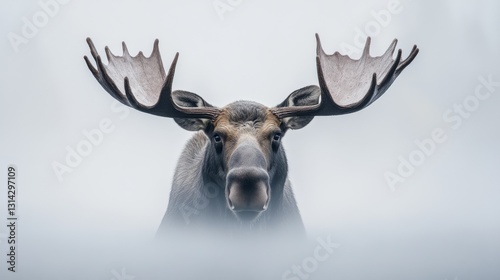 A moose gazes ahead, emerging from a foggy morning landscape, its antlers clear and defined against the soft, misty backdrop.