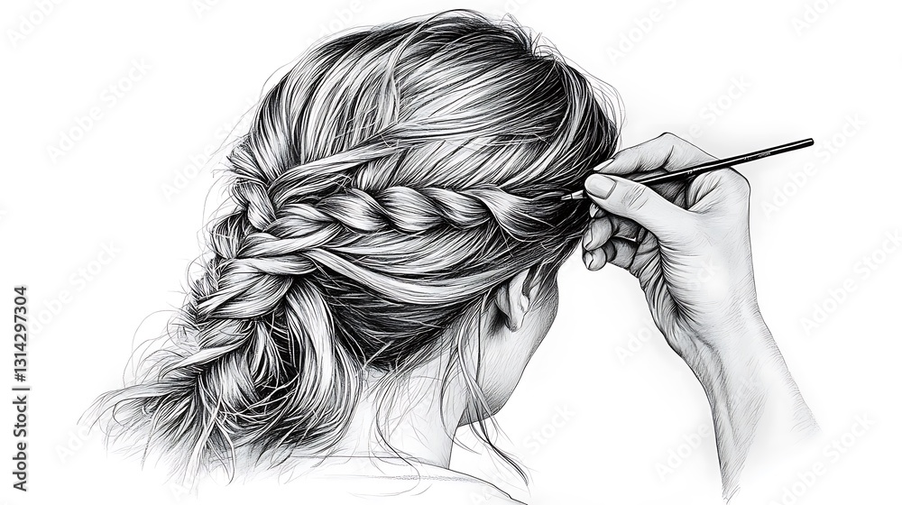Obraz premium Woman's back view with detailed pencil sketch of a braided hairstyle.