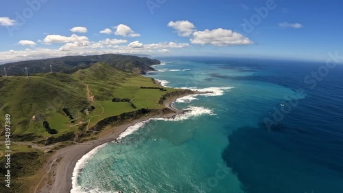 Aerial shot flying along the North island coastline towards Wellington, New Zealand