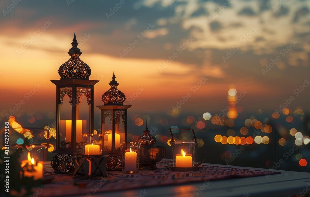Fototapeta premium A warm and inviting Ramadan sunset scene with softly flickering lanterns, golden candlelight, and a stunning cityscape
