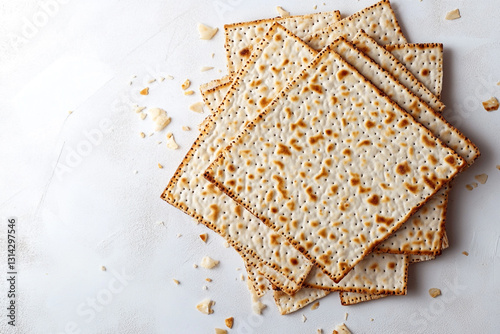 Celebrating Passover with a stack of fresh matzah on a white background photo