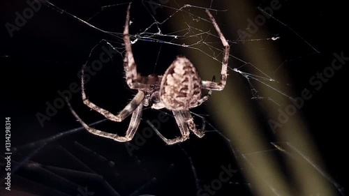 A large orb spider is crawling on its sticky web in the dark background. Insect in nature, Beautiful Cinematic close-up background, micro animal wildlife macro close up shot