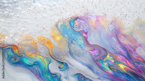 Iridescent swirls of color blend seamlessly, forming a dreamy abstract landscape that mimics a fantastical shoreline view.