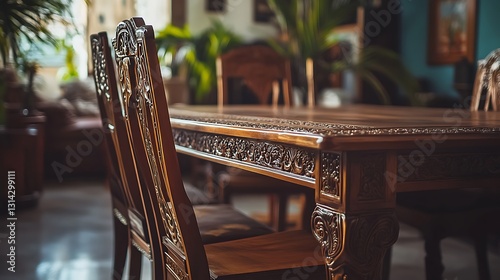 Intricate carved wooden dining table and chairs in a sunlit room.
