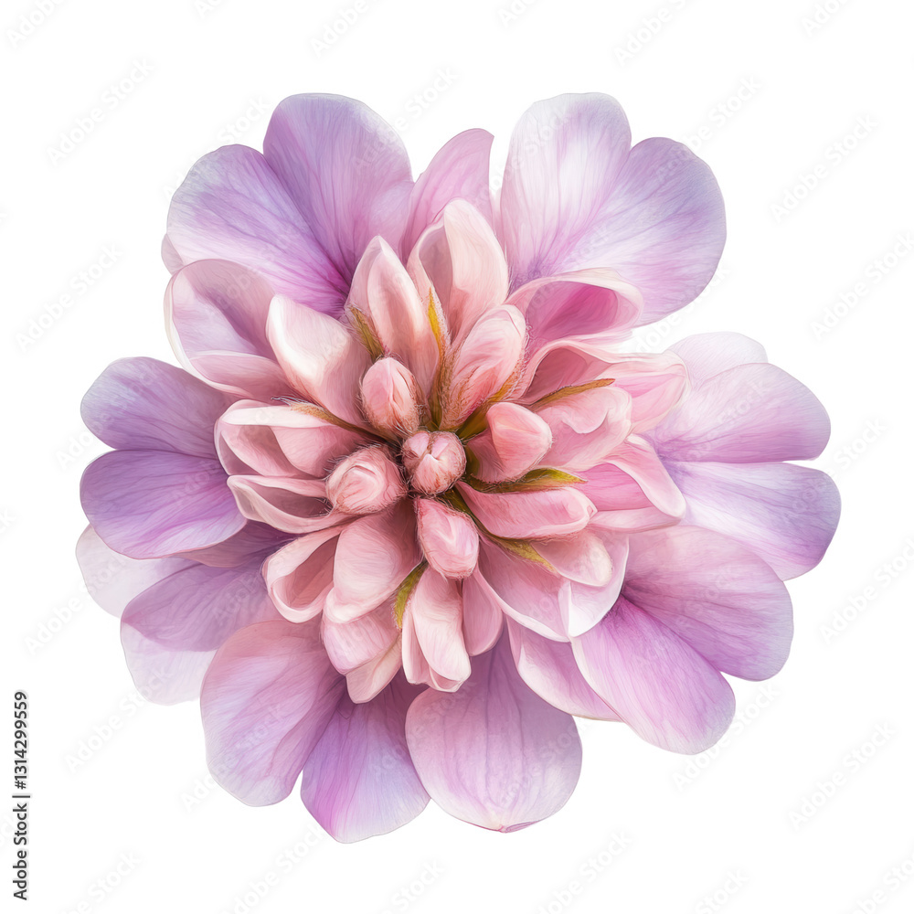 Obraz premium Dahlia's Delicate Beauty: A close-up, high-angle view showcases a beautiful dahlia, its multiple layers of delicate petals unfurling in shades of pink and lavender, revealing a soft.