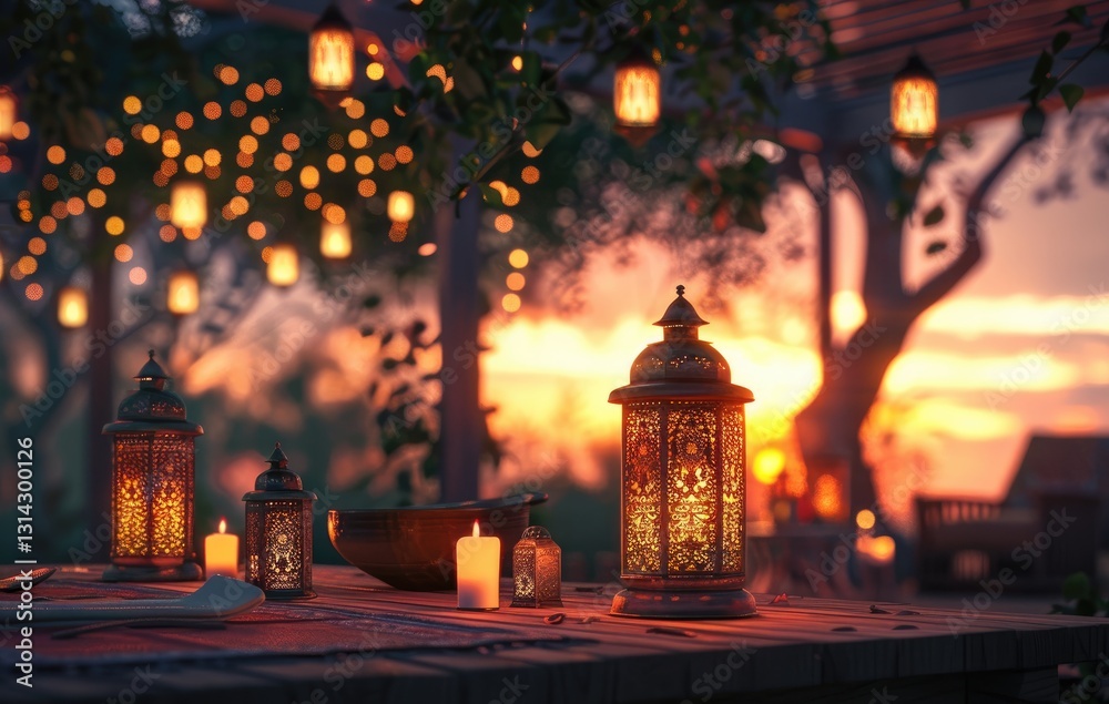 Fototapeta premium An enchanting Ramadan evening featuring traditional lanterns, warm candlelight, and a scenic city view, perfect for an Iftar celebration