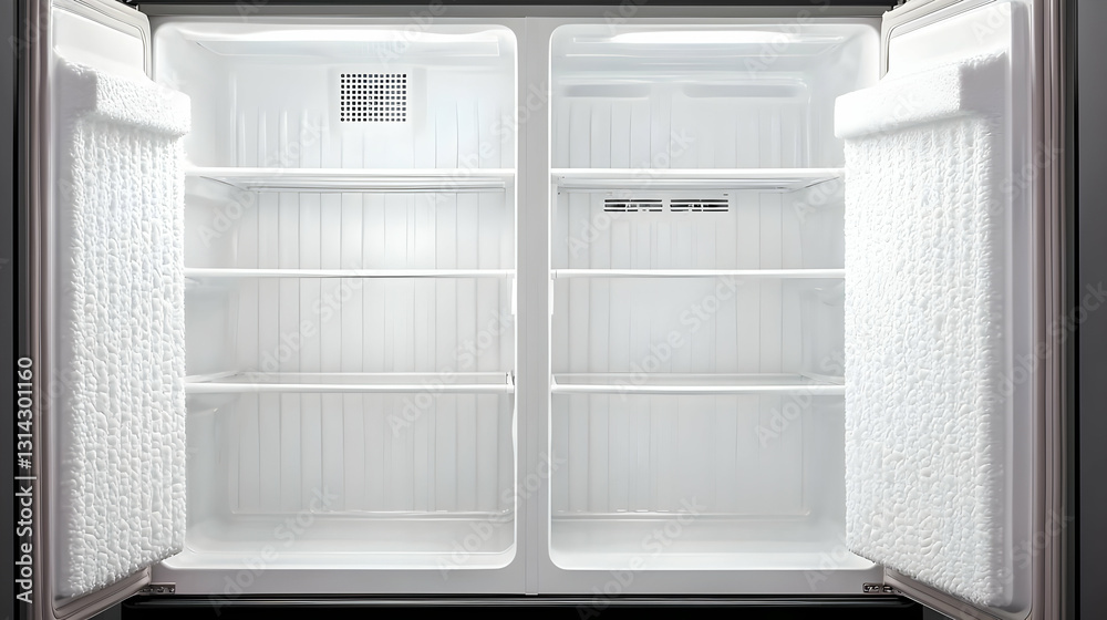 Open Empty White Refrigerator With Adjustable Shelves And Bright Interior Lighting Ready For Food Storage Open Empty White Refrigerator With Adjustable Shelves And Bright Interior Lighting Ready For Food Storage