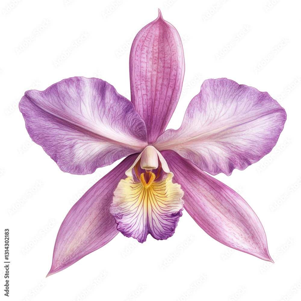 Fototapeta premium Orchid's Grace: A close-up studio shot captures the delicate beauty of a vibrant orchid flower, showcasing intricate petal details in a symphony of purple, white, and yellow hues.