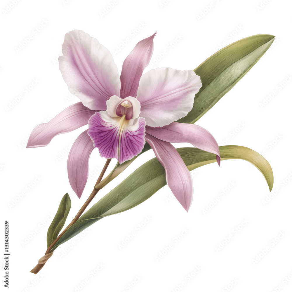 Fototapeta premium Orchid's Elegant Embrace: A close-up illustration of a delicate orchid blossom, showcasing its intricate petals, vibrant colors, and graceful stem and leaves.