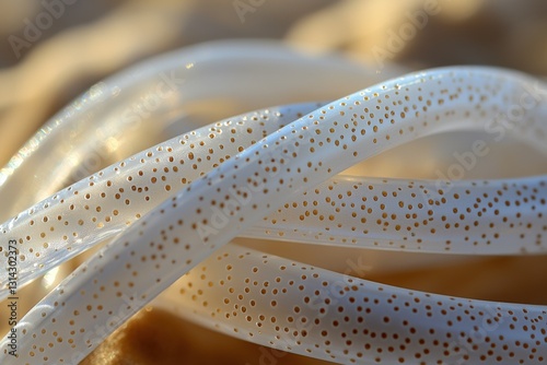 Close-up of a flexible tube with evenly spaced holes on a golden surface creates a unique pattern, showcasing texture and detail in warm light. photo