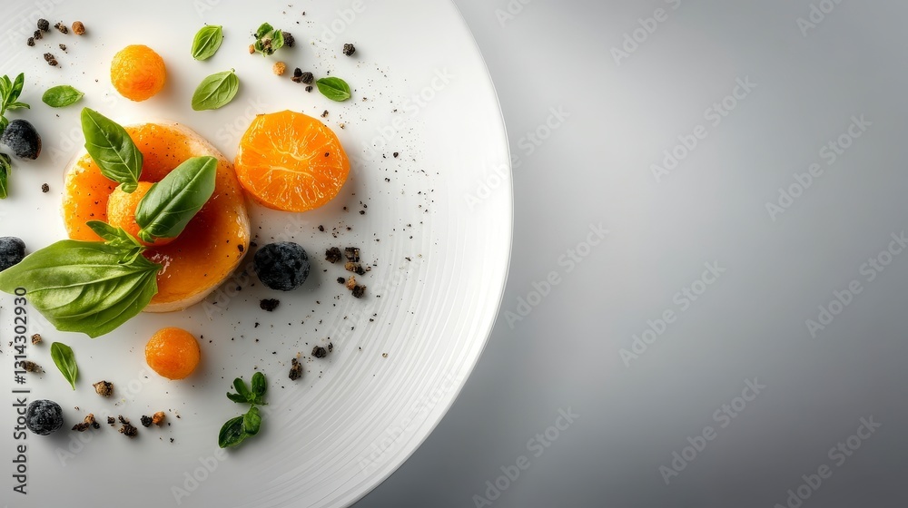 Elegant dessert plate with citrus fruits, fresh herbs, and edible decoration on a minimalist background Elegant dessert plate with citrus fruits, fresh herbs, and edible decoration on a minimalist background
