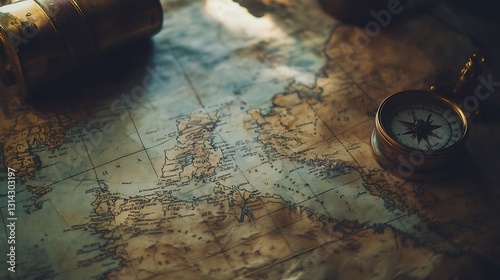 Antique map with compass and telescope, showing exploration and adventure.