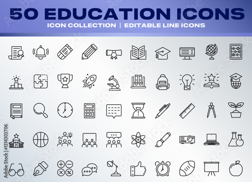 50 Education Icons set collection editable line icons. bell, ring, ruller, pencil, rubber, pen, clock, timer, presentation, brush, task, paper, atom, glasses, student, teach, study, group, sport, etc