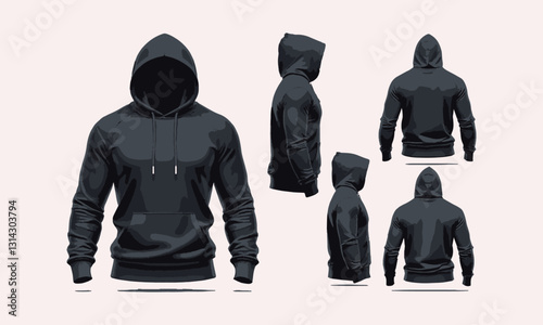 A modern vector style illustration of a plain black hoodie mockup, easily editable