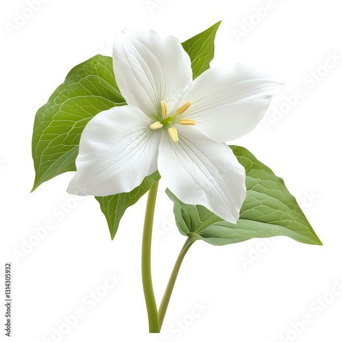 Ethereal White Trillium: A pristine white trillium flower with delicate petals and vibrant green leaves stands in full bloom, representing purity and natural beauty. 