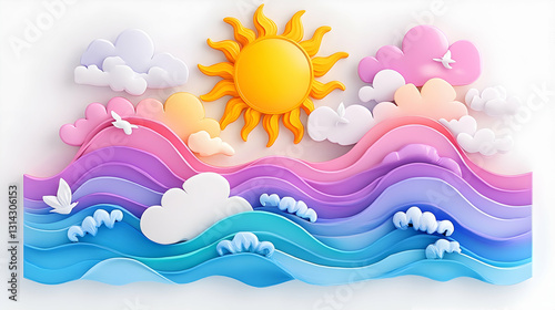 Playful seascape art Sun, clouds, waves, pastel layers
