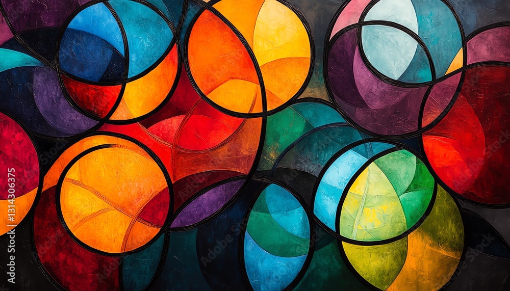 Fototapeta premium A bold, colorful abstract composition of circles interconnected by lines, creating a visually striking pattern with a sense of fluidity and energy