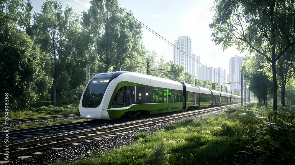 Naklejka premium Modern Green And White Electric Train Traveling Through Lush Green Forest Towards City Skyline On Sunny Day