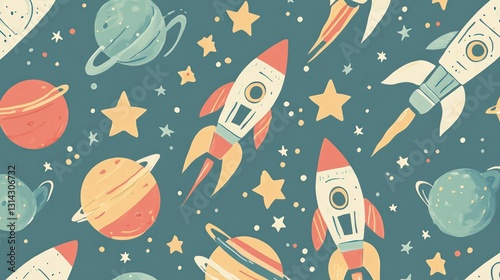 Space-themed pattern with cute rockets, colorful planets, and twinkling stars.