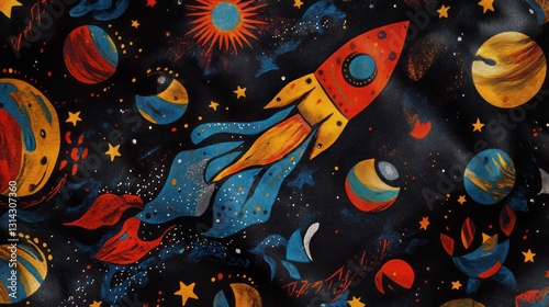 Space-themed pattern with cute rockets, colorful planets, and twinkling stars.