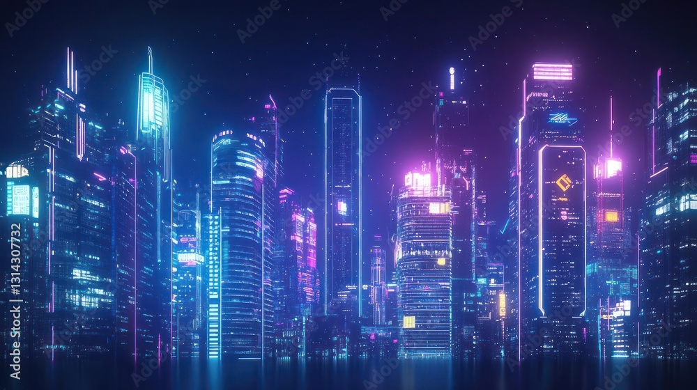 Illuminated Neon Cityscape at Night with Vibrant Blue and Purple Lights Displaying Modern Architecture Illuminated Neon Cityscape at Night with Vibrant Blue and Purple Lights Displaying Modern Architecture