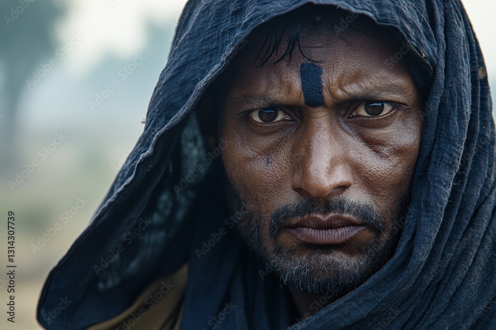 A striking portrait of a man with dark skin and intense eyes, adorned with a distinctive blue mark on his forehead, wearing a dark hooded garment and a solemn gaze. A striking portrait of a man with dark skin and intense eyes, adorned with a distinctive blue mark on his forehead, wearing a dark hooded garment and a solemn gaze.