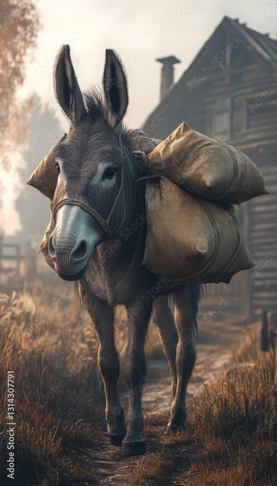 Fototapeta premium A serene scene of an old donkey carrying farm materials at dawn with a rustic farmhouse background