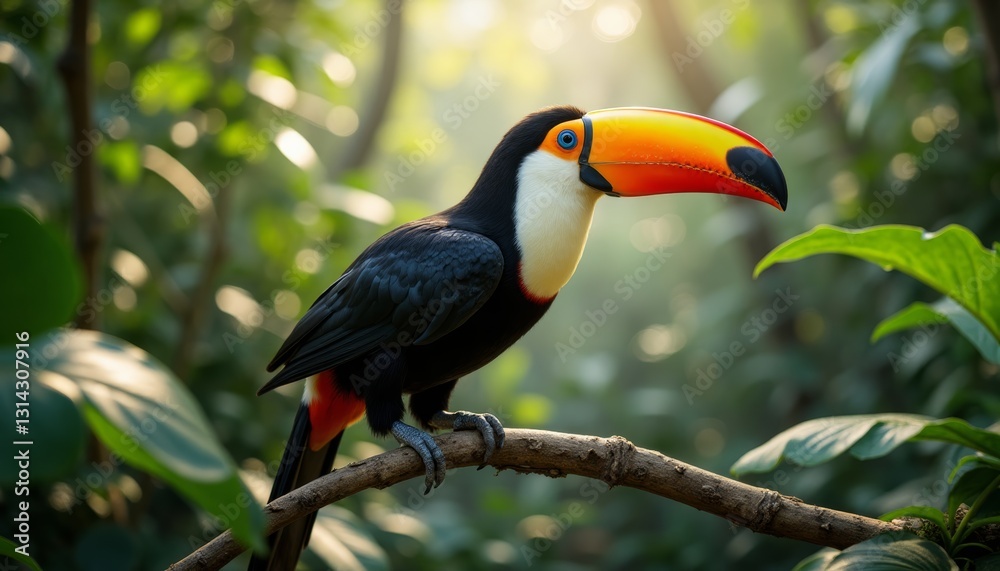 Obraz premium Toucan perched on branch in lush, sunlit rainforest. The bird's vivid colors and the serene, natural background make this image ideal for nature, wildlife, and travel-related content.