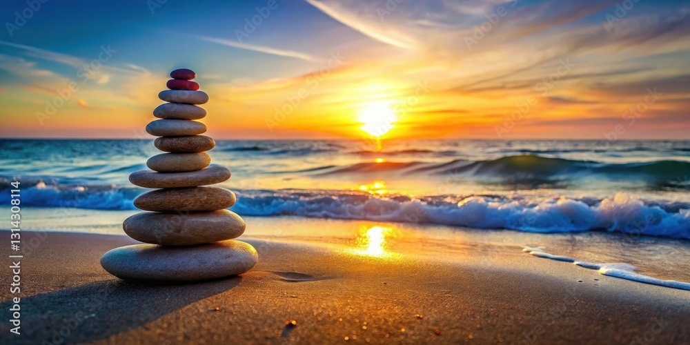 Obraz premium Balanced stones stack on a serene beach at sunset with the ocean waves gently lapping at their edges, peaceful, relaxation