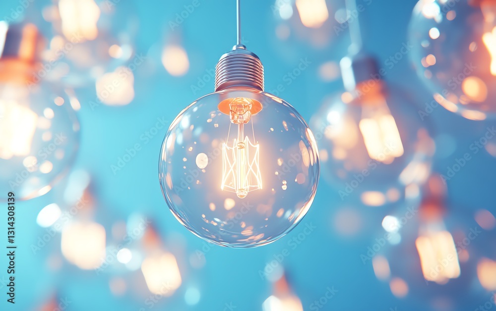 A collection of bright, glowing light bulbs against a smooth blue backdrop, representing the power of ideas, innovation, and creative thinking A collection of bright, glowing light bulbs against a smooth blue backdrop, representing the power of ideas, innovation, and creative thinking