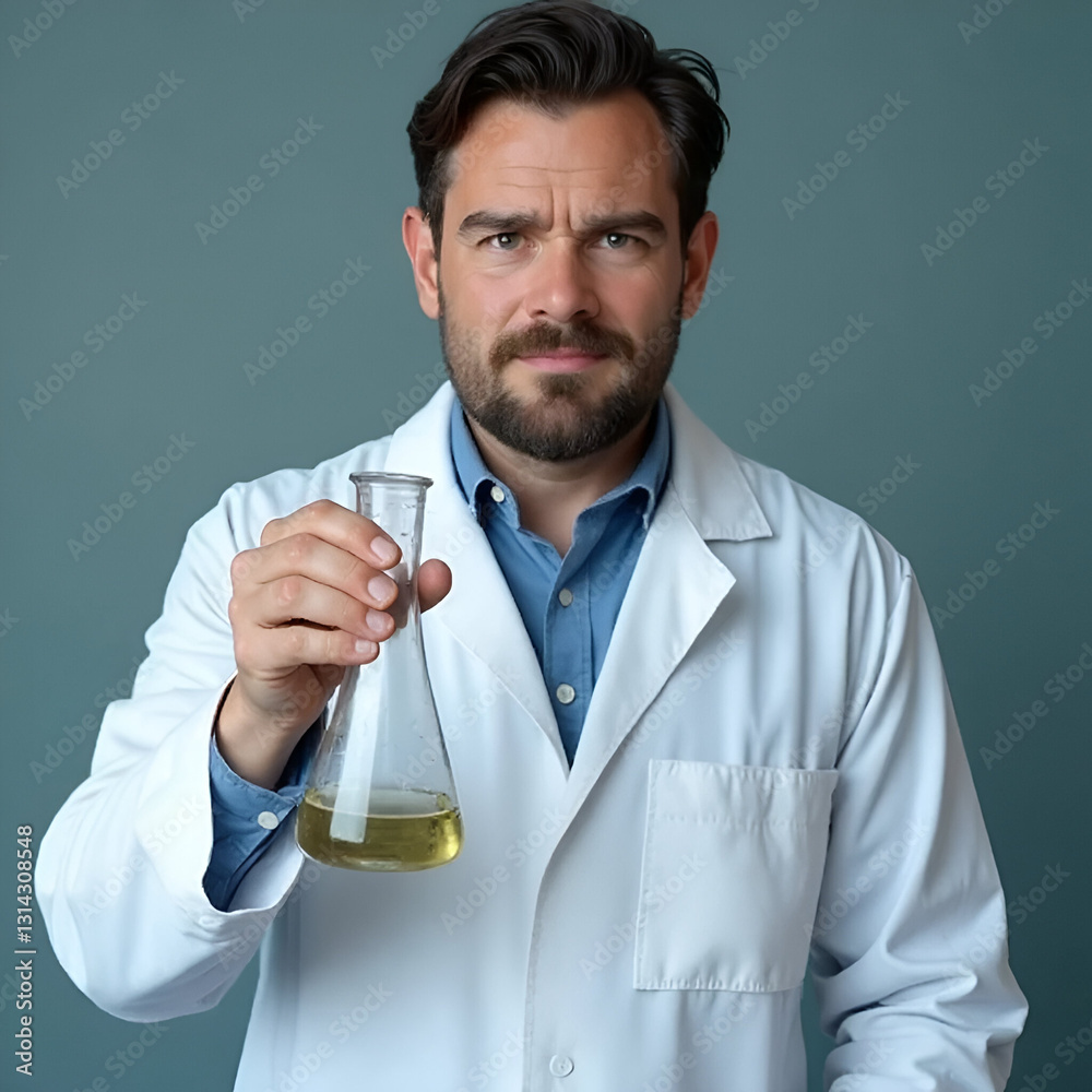 A chemist scientist holds a flask in his hands A chemist scientist holds a flask in his hands