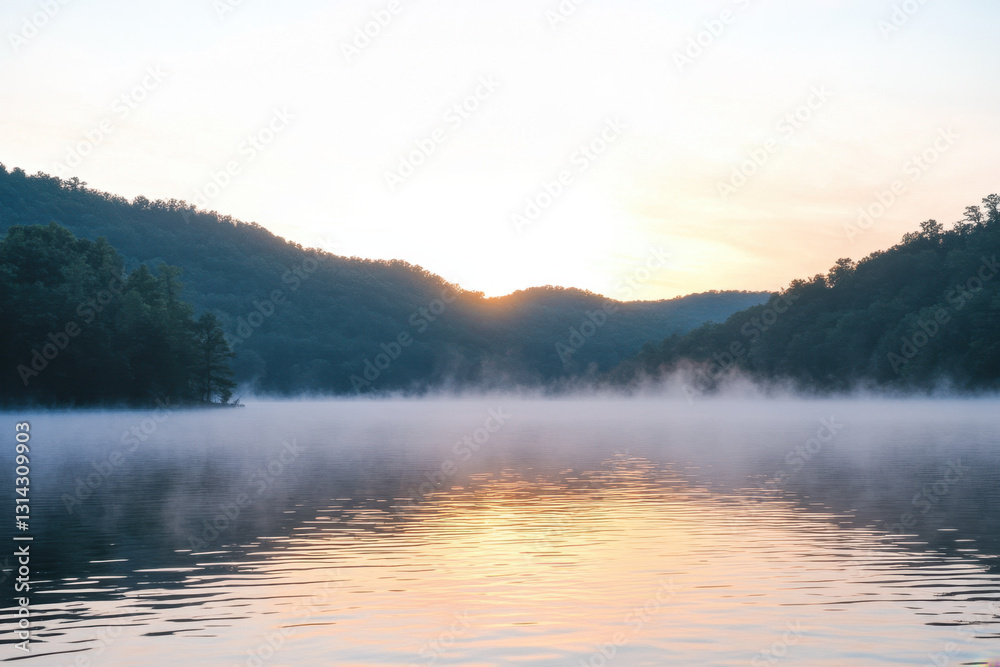 Fototapeta premium Serene misty lake at dawn, surrounded by lush green hills and reflecting the early morning sky.