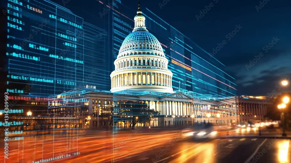 Capitol building illuminated at night with digital data overlay in futuristic concept