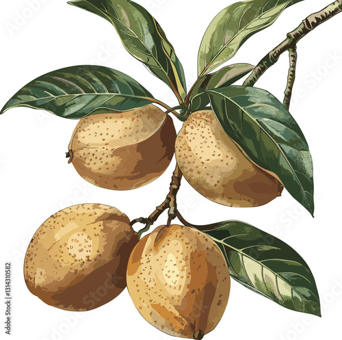 Vector Sapodilla botanical illustration isolated on transparent background, vintage fruit drawing, old botanical print, Sapodilla fruit illustration, antique botanical artwork