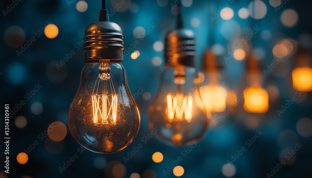 A group of glowing light bulbs against a blue backdrop, illuminating with warm light, symbolizing creativity, inspiration, and innovative thinking A group of glowing light bulbs against a blue backdrop, illuminating with warm light, symbolizing creativity, inspiration, and innovative thinking