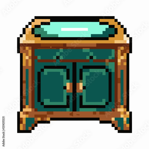 Retro Pixel Art Vintage Cabinet Iconic 8 Bit Style Wooden Chest Illustration