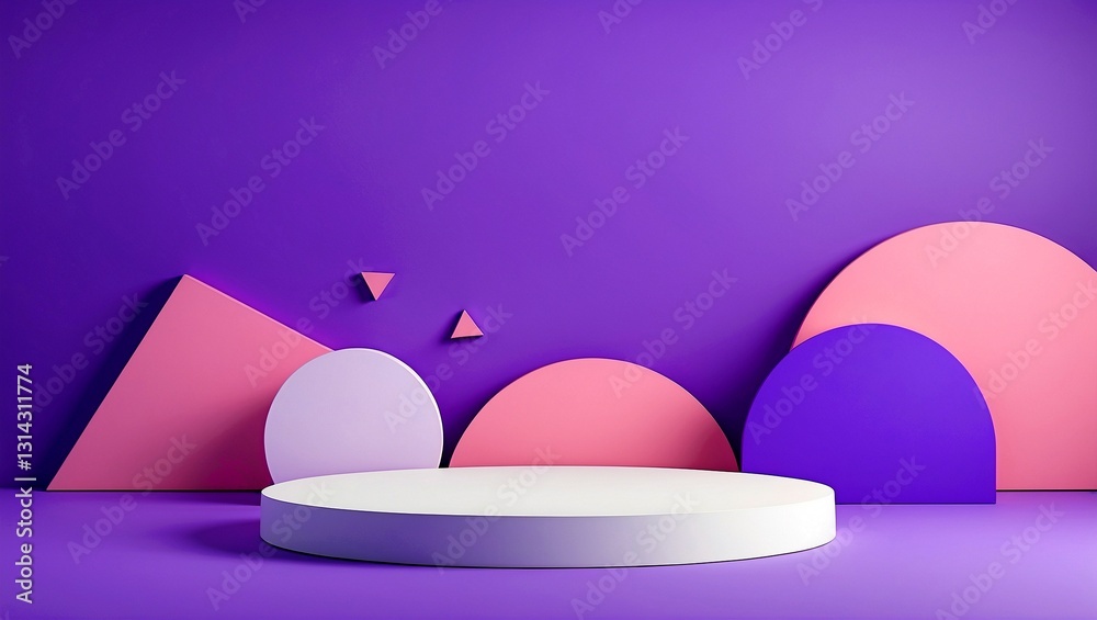 Fototapeta premium Geometric shapes on purple backdrop with white platform