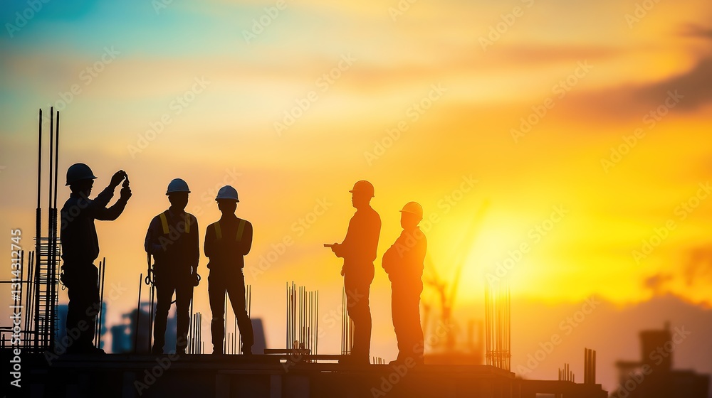 Engineer and construction team at work, silhouetted against a warm sunset, embodying teamwork and progress in industrial settings Engineer and construction team at work, silhouetted against a warm sunset, embodying teamwork and progress in industrial settings