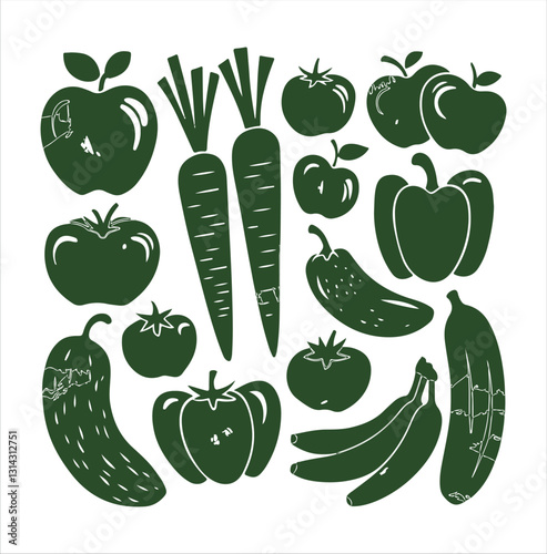 Set Of Hand-Drawn Fruit & Vegetable Silhouettes in Rustic Style