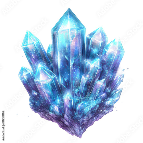 A highly detailed artistic illustration of a luminous crystal cluster, transparent background, PNG