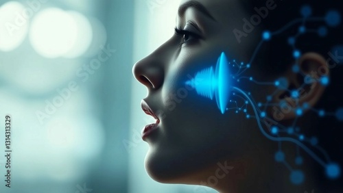 Side view of woman with open mouth blue face soundwave graphics voice recognition tech AI processes