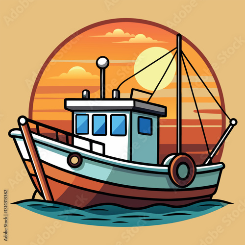 A fishing-boat-at-sunrise-on-calm-waters creatin.