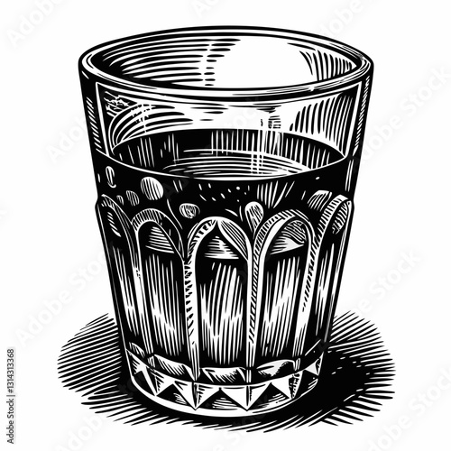 Vintage Etched Glass of Water Illustration in Black and White Style