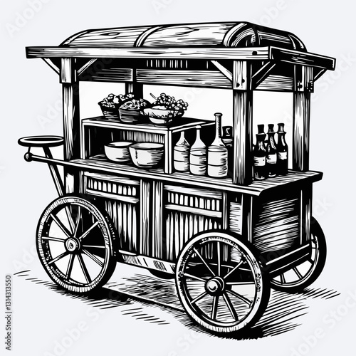Vintage Market Cart Illustration Rustic Wooden Street Vendor Design